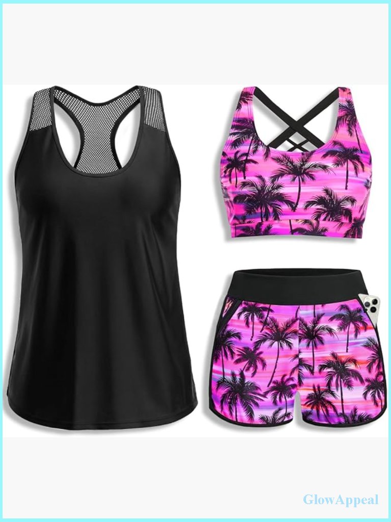3 Piece Tankini Swimsuit Set - Mesh Racerback Tank Top, Sports Bra, High